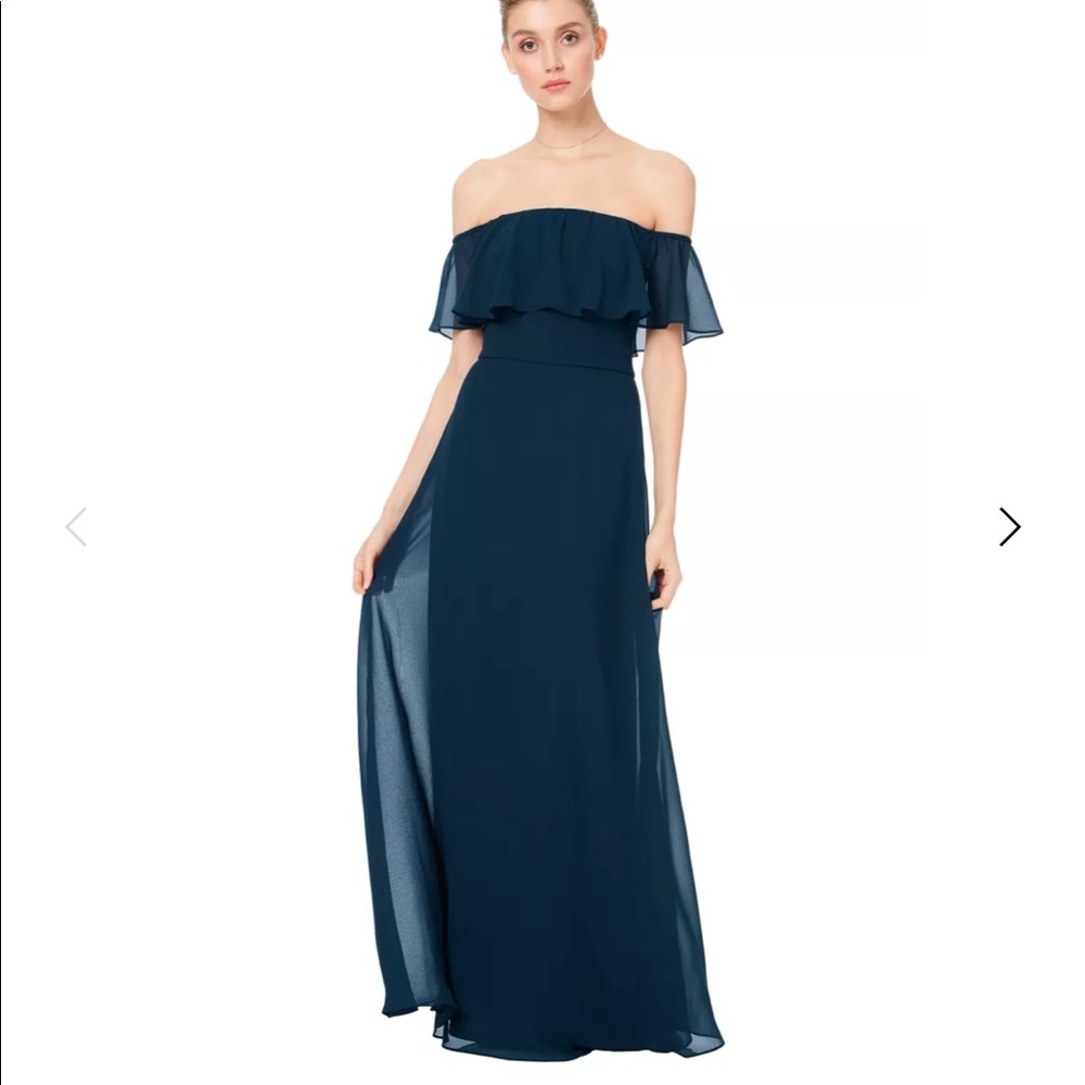 Bill Levkoff Navy Chiffon Off The Shoulder A-line Dress